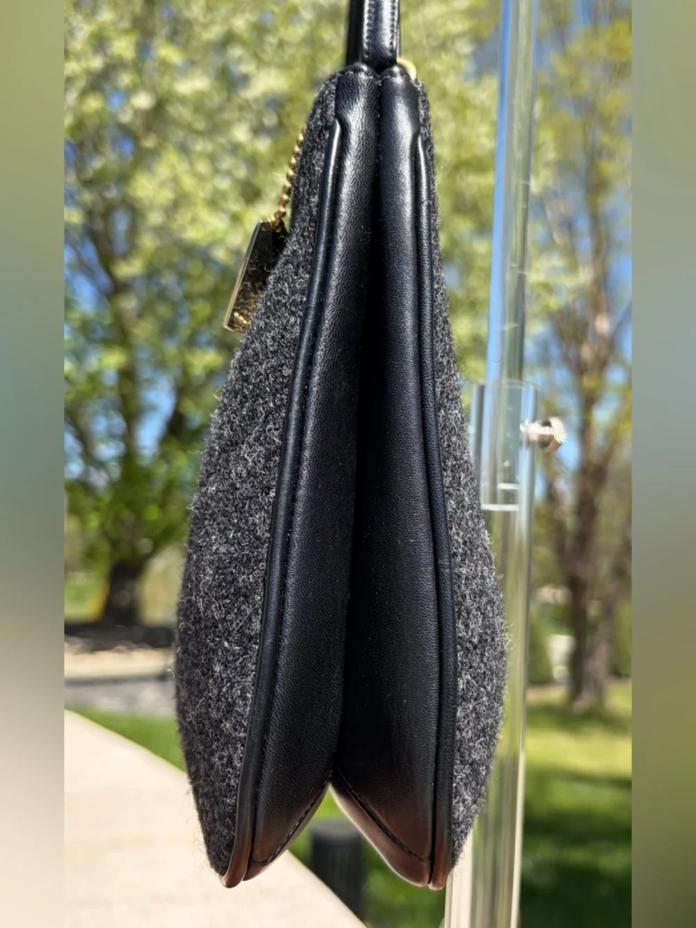 Vintage COACH Wool Hobo Small Charcoal Grey Black Leather 8308 EUC_11